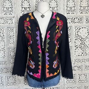 Indigo Moon Linen Blend Black Floral Embroidered Colorful‎ Artsy Blazer Jacket